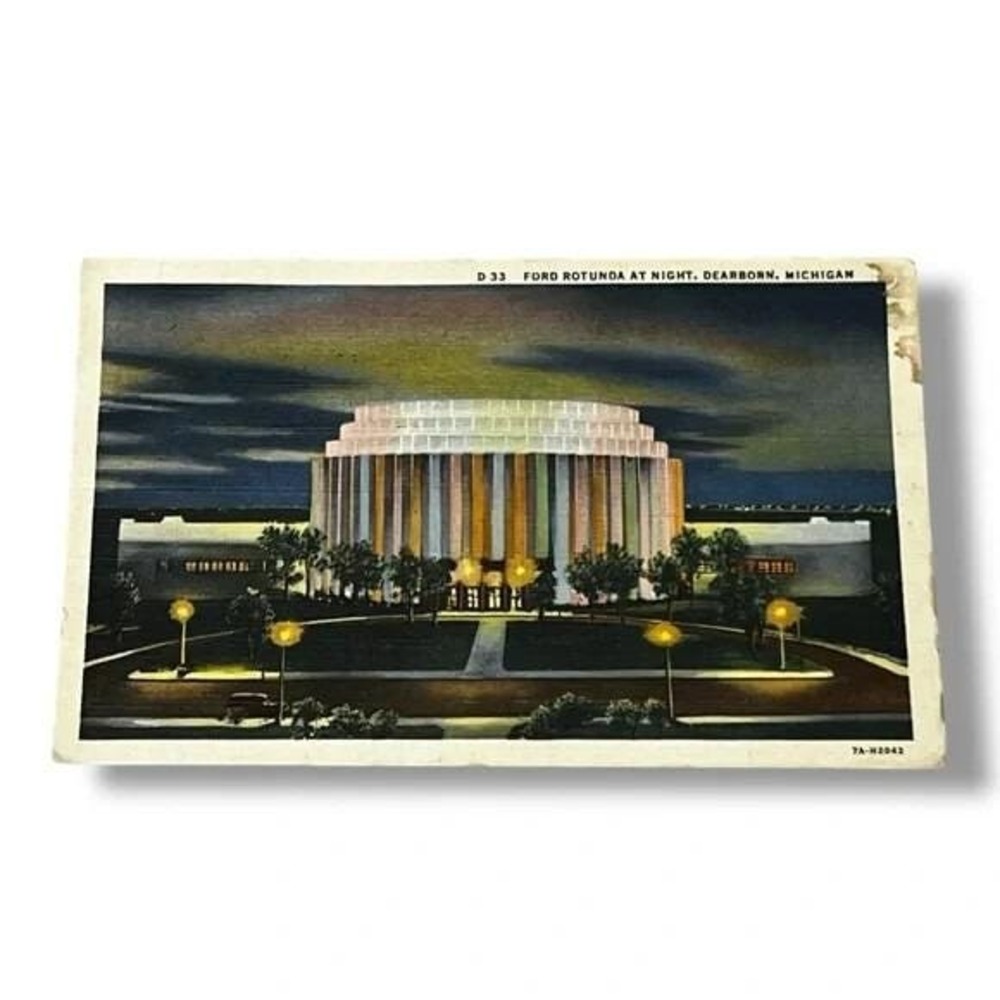 Postcard Ford Rotunda at Night Dearborn Michigan c1943 Linen Card C295